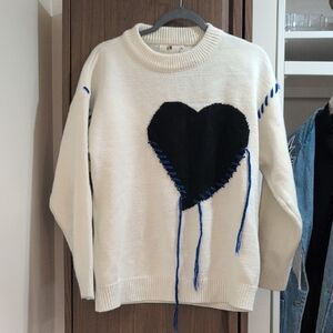 Elegant Heart Sweater - Black and Blue on Cream
